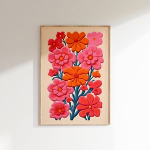 Flower Blossoms Art Print - Floral Illustration, Bold Pink and Orange Flowers, Nature-Inspired Giclée for Home, Romantic Gift for Her, Cute