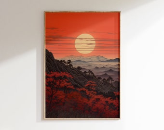 Crimson Sunset Mountainscape Giclée Print: Asian Inspired Wall Art