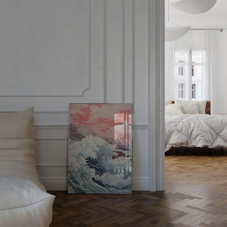 Shin-hanga style sea wave print with Ghibli-inspired aesthetic