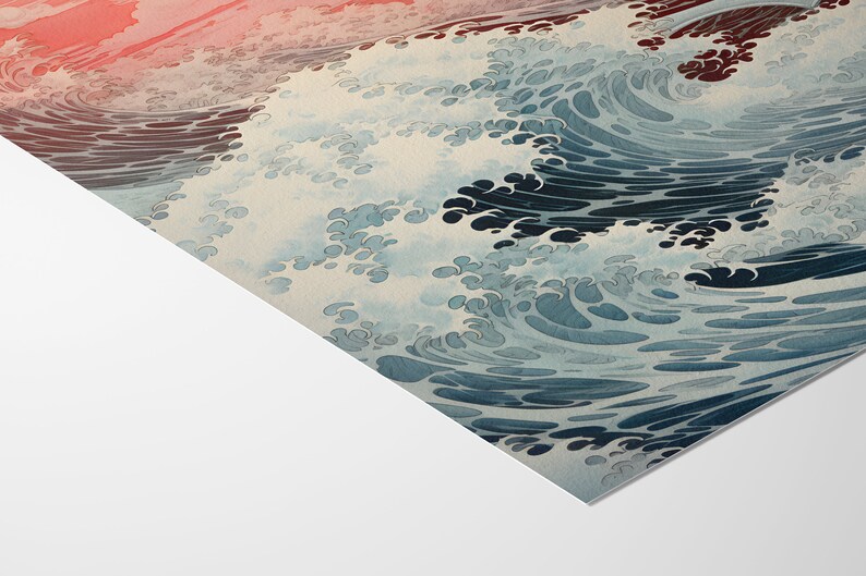 Vintage ocean waves illustration in Kawase Hasui nature print