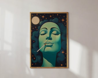 Psychedelisches Art Print: 70s Retro Woman, Sterne, Mond