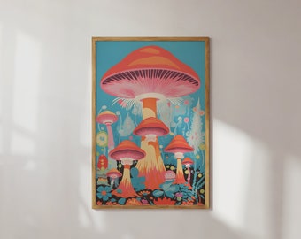 Impression giclée d'art forêt de champignons psychédéliques : déco bohème rétro