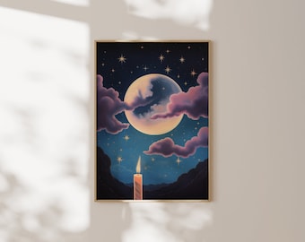 Moonlight Candle Giclée Art Print: Celestial Night Sky Boho Decor