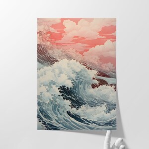 Traditional Japanese Shin-hanga art depicting serene ocean waves