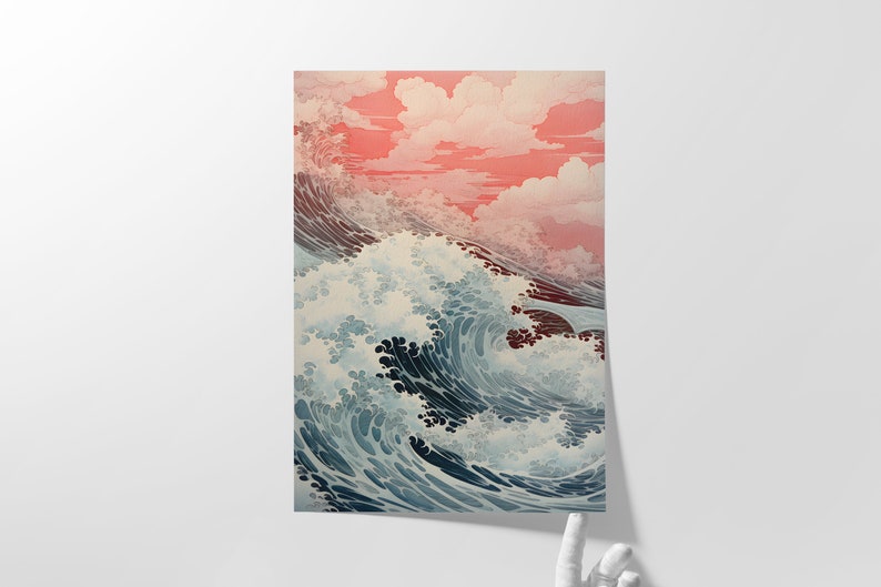 Traditional Japanese Shin-hanga art depicting serene ocean waves