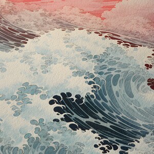 Vintage ocean waves illustration in Kawase Hasui nature print