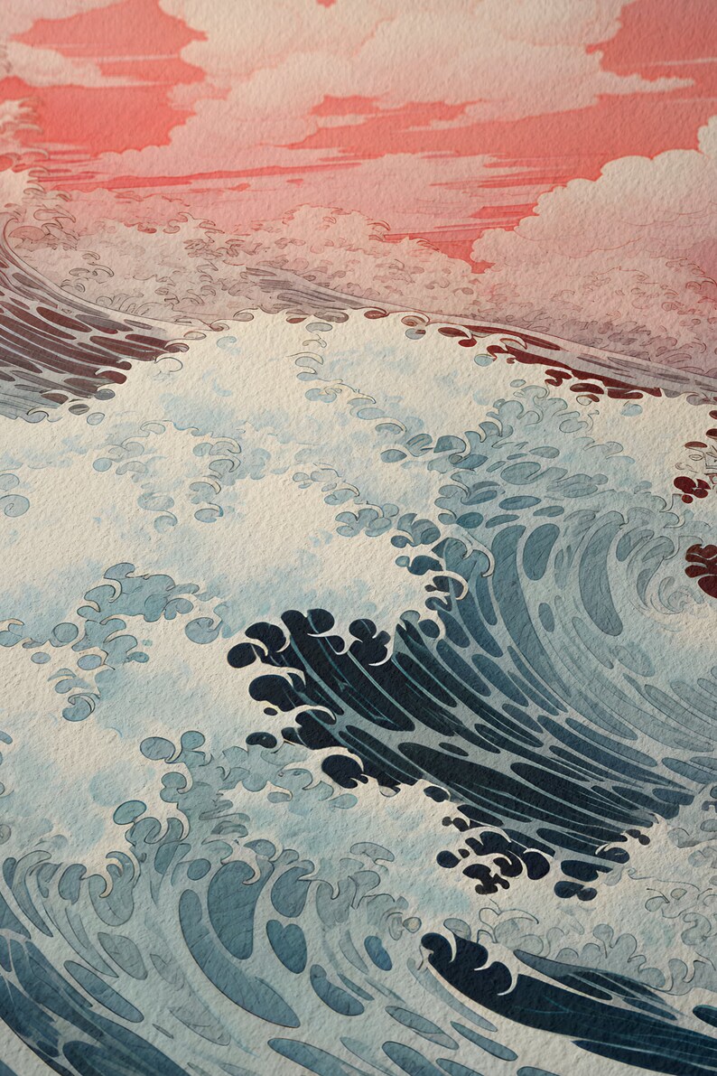 Vintage ocean waves illustration in Kawase Hasui nature print
