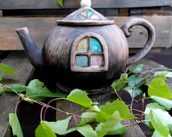 Handmade clay teapot "Gingerbread house"