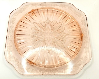 1930s pink depression glass cake plate Jeannette Glass Co. Adam footed square server