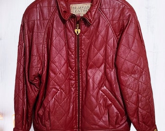 Retro Vintage Braefair leather quilted jacket red bomber 1980's