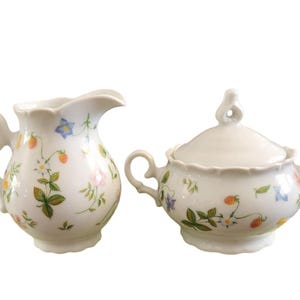 Vintage French Country creamer & lidded sugar by Sko Baum Bros. flower strawberry butterfly design