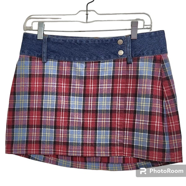 Retro Vintage Guess denim wrap plaid mini skirt miniskirt Y2K 90s grunge preppy acedemia 31" M