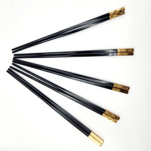 set of 5 vintage black wood and gold chopsticks ebony? Shanghai China