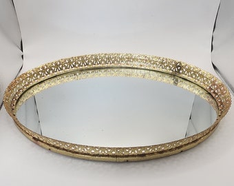 MCM vintage oval filigree mirror tray goldtone for bedroom bath cottage vanity perfume
