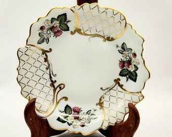 Limoges vintage porcelain strawberry lattice gold shallow serving dish france