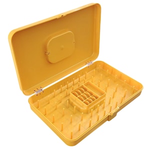 Vintage MCM plastic sewing box Wilson wil-hold thread bobbin caddy harvest gold Sunbury PA USA