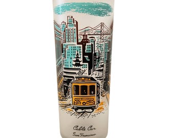 Vaso Libbey esmerilado vintage: Tranvía de San Francisco, cristalería de bar de mediados de siglo