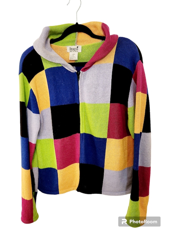 Vintage 90s color block hooded zip up sweater retr