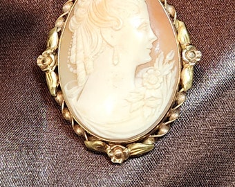 Antique 1/20 14K filled shell cameo brooch pendant victorian