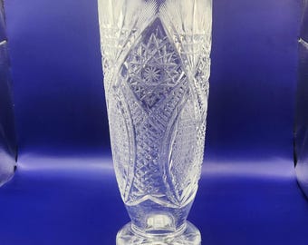 Vintage Heavy Lead Crystal Vase - Clear Cut Glass Geometric Floral Display