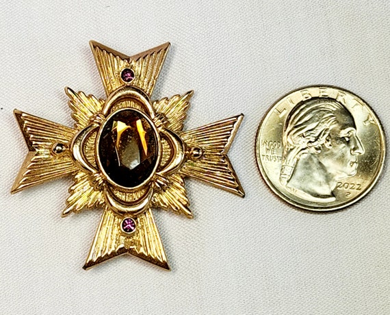Broche Pendentif Croix De Malte Vintage Dorée Strass - Marque Avon - Occasion