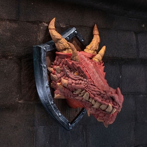 May include: A red dragon head mounted on a wooden shield with a silver metal trim. The dragon has a textured, scaly skin and sharp teeth.