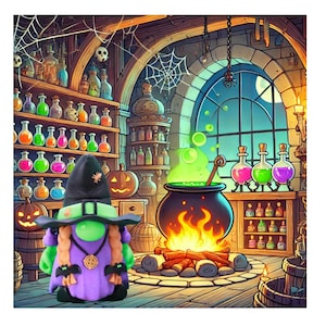 Articulated Halloween Witch with Cauldron, broomstick, and spoon – 3D Printed Figurine | Spooky Gnome Decor | Halloween Decoration