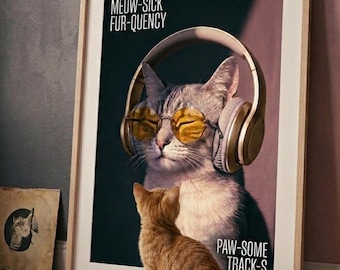 Cat Headphones Poster, Music Lover Wall Art, Playful Animal Artwork, Quirky Decor