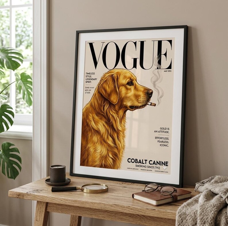 Golden Retriever Vogue Cover Poster, Fashion Dog Wall Art, Magazine Style Print image 2