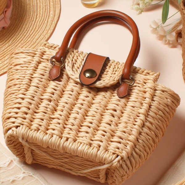 Crochet Bag PDF PATTERN, Straw Basket Shoulder Bag, Raffia Leather Handle Tote Handbag,Easy Summer Basket Bag Tutorial, DIY Woven Shoulder