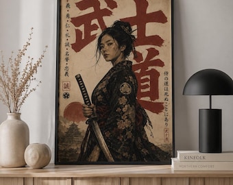 Estampa de mujer samurái, arte de guerrera Bushido japonesa (descarga digital)