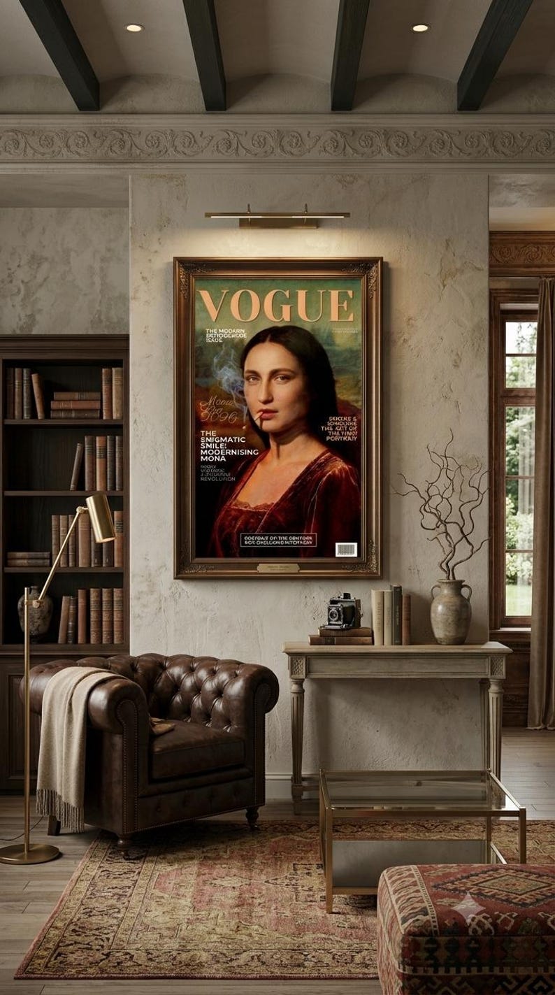 Puede incluir: Una impresi&oacute;n de arte de pared enmarcada que presenta una portada de revista titulada VOGUE con un retrato de una persona de cabello oscuro con una prenda de color rojo oscuro. El texto incluye THE ENIGMATIC SMILE: MODERNISING MONA.