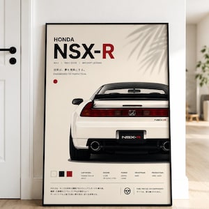 May include: A framed poster featuring a white Honda NSX-R sports car from the rear. The design includes the text HONDA NSX-R, technical specifications, and Japanese and English descriptions on a cream background with a black frame.