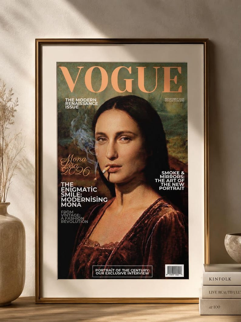 Póster de la Mona Lisa de Vogue, arte de moda renacentista moderno, decoración de portadas de revistas vintage imagen 1