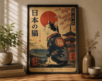 Estampado japonés de gato samurái, decoración zen estilo ukiyo-e (descarga digital)