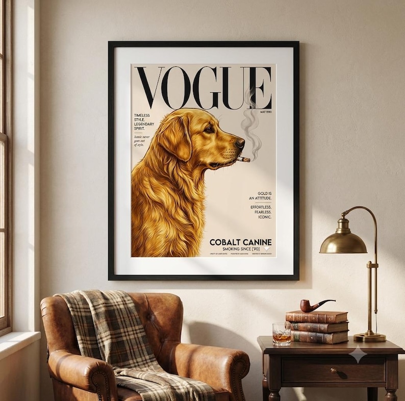Golden Retriever Vogue Cover Poster, Fashion Dog Wall Art, Magazine Style Print image 1