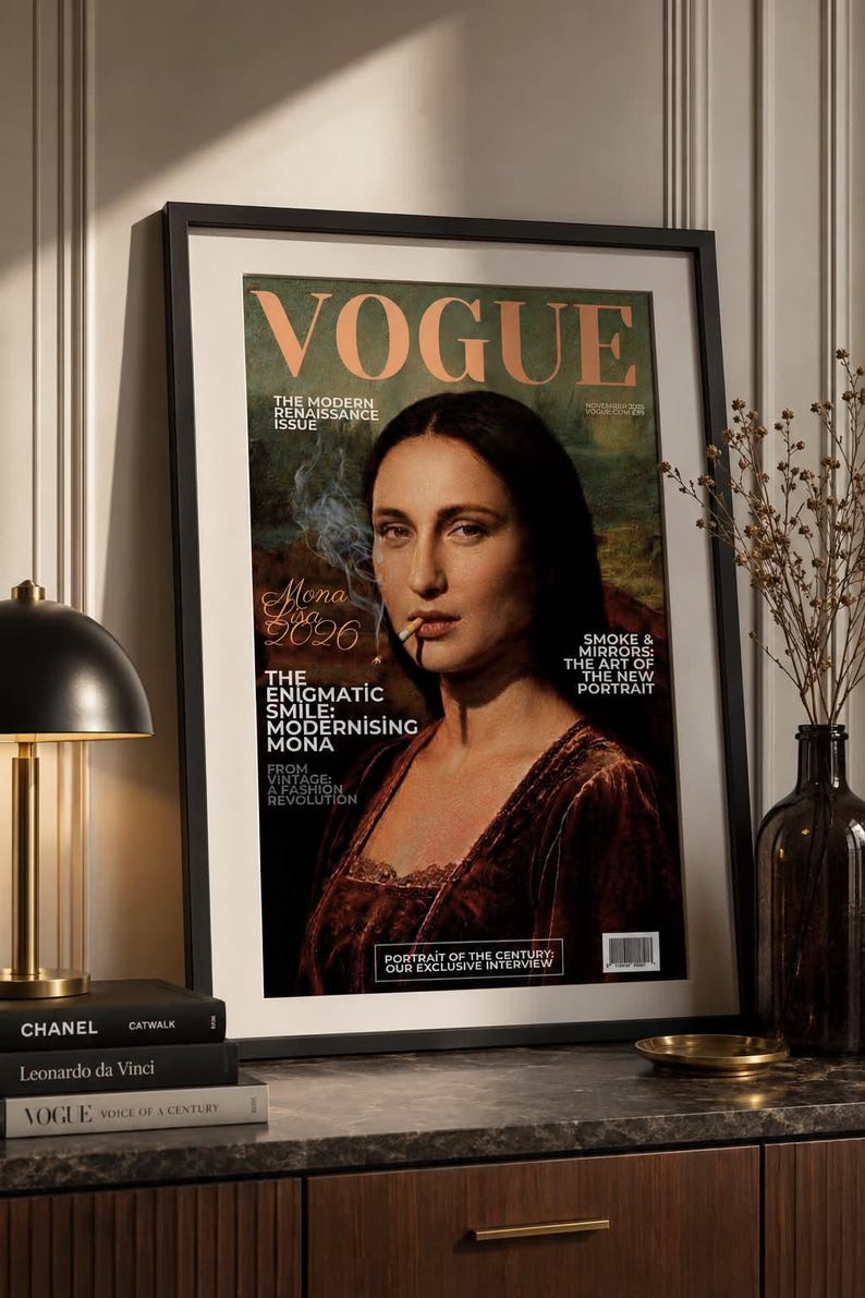 Póster de la Mona Lisa de Vogue, arte de moda renacentista moderno, decoración de portadas de revistas vintage imagen 3
