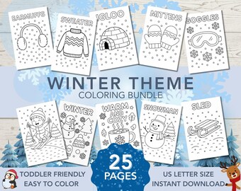 25 Winter Theme Coloring Pages | Toddler Friendly Printable | Kids Winter Activity | Instant Download