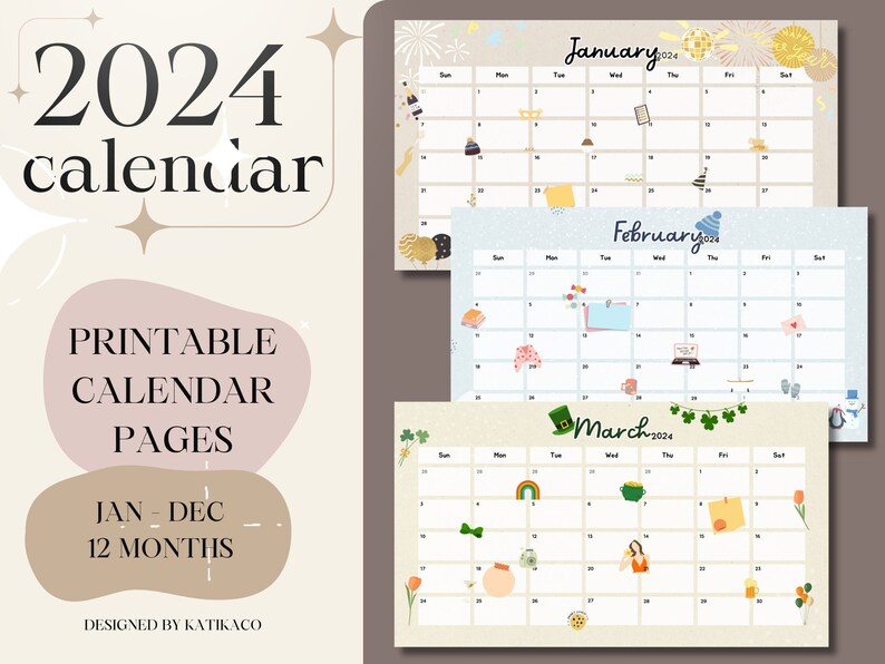 2024 Cute Calendar Template MONTHLY I Digital Print I PDF Etsy UK