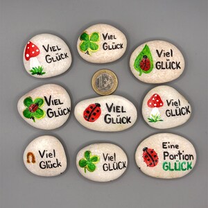 Könnte beinhalten: Neun bemalte Steine mit verschiedenen Designs, darunter ein roter Pilz, ein Marienkäfer und ein vierblättriges Kleeblatt. Jeder Stein trägt die deutschen Wörter "Viel Glück" oder "Eine Portion Glück". Eine Euro-Münze ist ebenfalls vorhanden.
