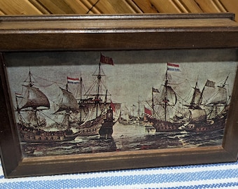 Vintage MCM Wooden Men's Jewelry Box: Dutch War Ships