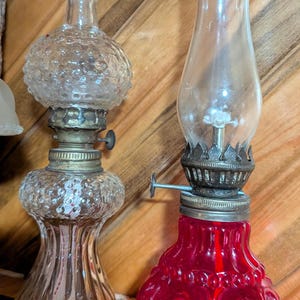 Antique, Vintage, Small, Clear Glass, Hobnail, Ruby Red Finger, Kerosene Oil Lamp s7"