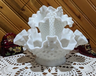 Fenton, 5 3/4" Tall Milk Glass Three Horn Epergne Flower Vase. Hobnail Vase & Bowl Combined. Table Centerpiece with Ruffled Rim