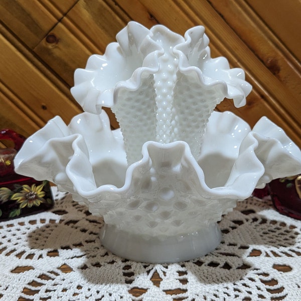 Fenton, 5 3/4" Tall Milk Glass Three Horn Epergne Flower Vase. Hobnail Vase & Bowl Combined. Table Centerpiece with Ruffled Rim