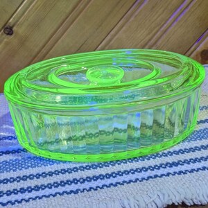 Vintage, Uranium Glass, Oval, Refrigerator Dish,  6 in Long, Depression Glass,1930s