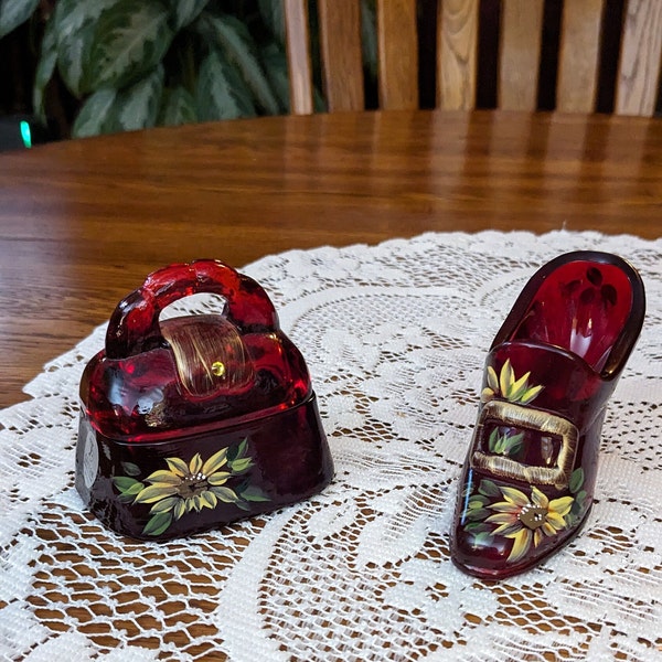 Vintage, Fenton, Ruby Red, Hand Made Hand Painted, Sunflower Slipper and Purse, Matched set #403 of 750