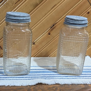 Vintage, Qt-formaat Hazel Atlas en Owens Illinois, Square Quart Waffle Grid Mason Jar, Regular Mouth, jaren 1930