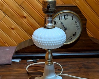 Vintage Mid-Century Fenton Style White Milk Glass Table Lamp - Hobnail & Ribbed Design - Petite Bedroom or Vanity Light - 11" Tall
