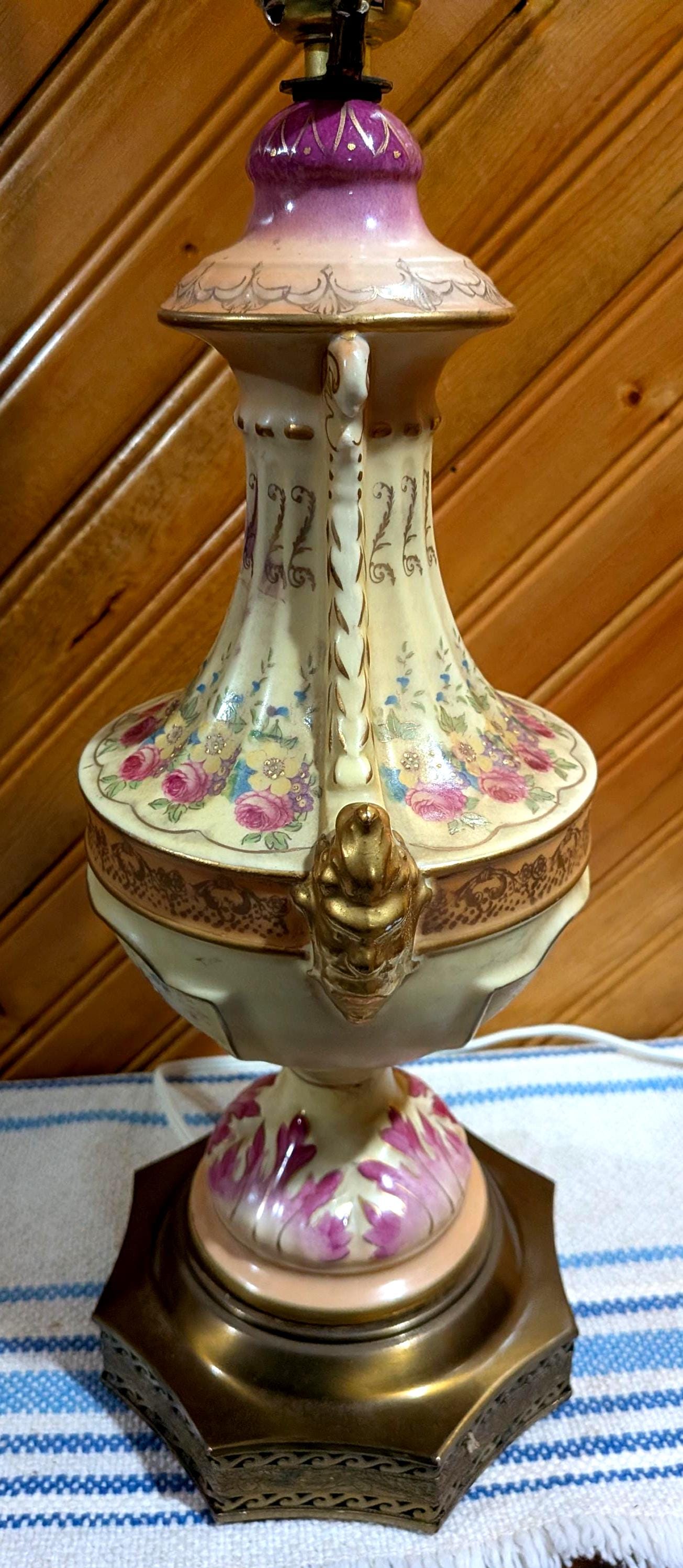 Vintage, 1940s, Floral, Porcelain, Urn Table Lamp, Victorian