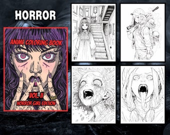 May include: A black and white colouring book cover with the title "HORROR ANIME COLOURING BOOK VOL. II HORROR GIRL EDITION". The cover features a close-up of a woman's face with large eyes and a dark purple hairstyle.